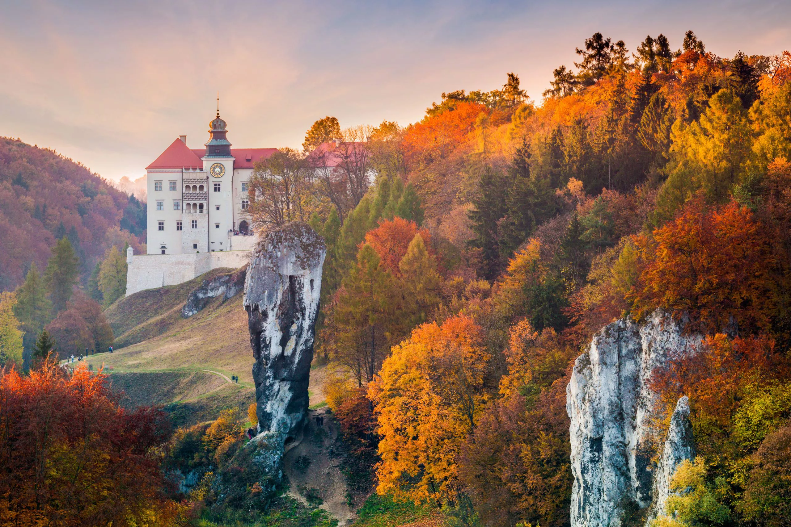 A section of white-walled and red-roofed Pieskowa Skała Castle peers from behind an auburn-and-green forest taking most of the picture on the right. In front of the trees: two massifs of limestone rock, the left one being the Hercules mace, a solitary standing “needle” of limestone. The whole, including another hill to the left of the castle, is in very warm colours of autumn evening.