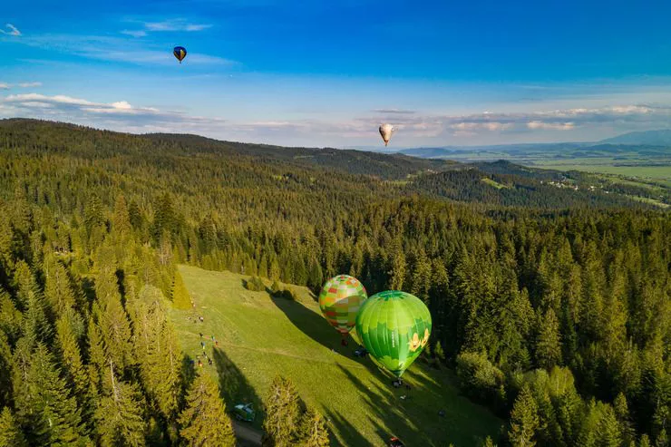 Two hot-air balloons, a green one and a mottled one, are about to take off from a forest glade in the foreground, while two others, a dark one and a white one, are soaring over the gentle hills against bright skies with a distant cloud front over the horizon.
