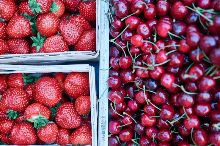 Blick auf Körbe mit schönen roten Erdbeeren und schönen dunkelroten Kirschen. Das Obst wird auf dem Marktplatz Alter Kleparz zum Verkauf angeboten.