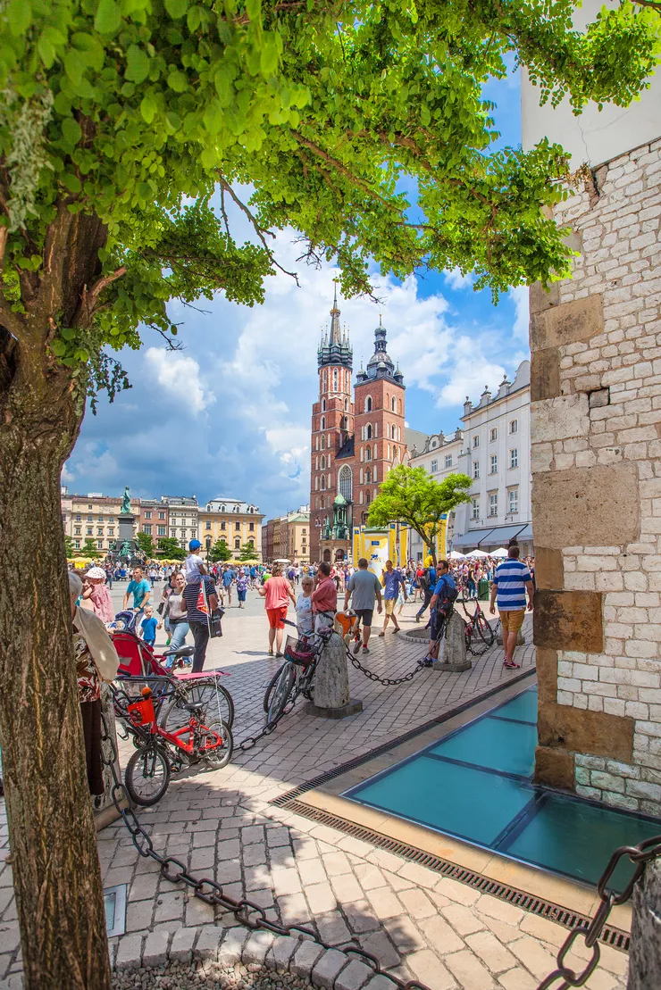 A view of Kraków’s Main Market Square with St Mary’s Church and monument to Adam Mickiewicz framed by a large leafed tree on the left and the white wall of St Adalbert’s Church on the right. As the day is fine and sunny, with beautiful clouds, many people walk in the square, and several bicycles are leaning against the bollards and chain round St Adalbert’s.