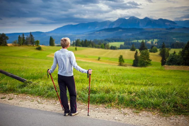 A mature woman standing by the edge of a road with her back to us, holding Nordic walking poles in both hands. She is admiring the beautiful landscape in front of her, with green and yellow fields speckled with clusters of conifer trees in the foreground, and high mountains looming in the distance under a cloudy sky.