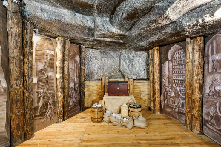 Ein Blick auf die Felsenkammer mit Holzstützen. In der Mitte, auf einer überdachten Erhöhung, steht eine Holzkiste, daneben auf dem Boden stehen Fässer und Säcke mit Salz. An den Wänden sind Gemälde zu sehen, die die Gewinnung von Steinsalz darstellen.