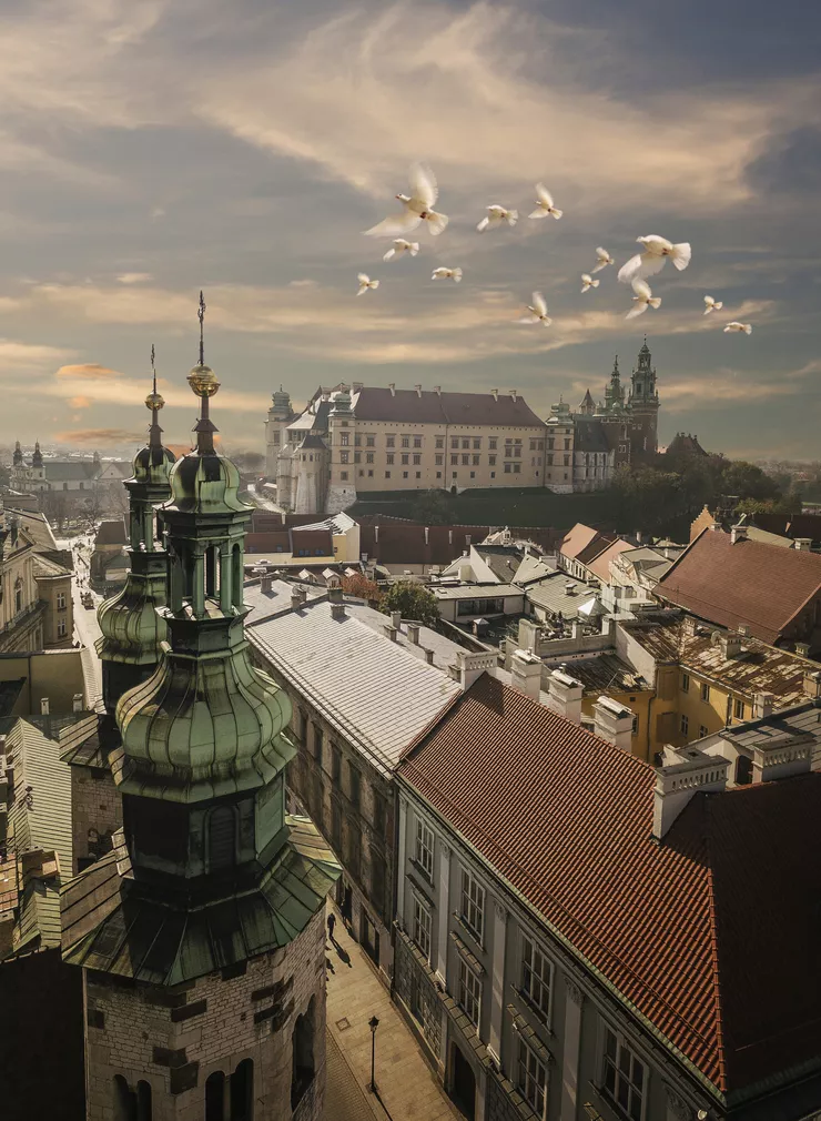 A drone-eye view of spired church towers over a historical street lined with townhouses in the foreground. Rising high in the background is Wawel Hill with its castle and cathedral. A flock of white birds are flying high above the buildings against the overcast blue sky.